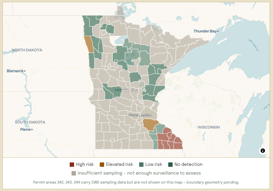 NomadPath's Minnesota CWD risk map: each deer permit area shaded by its computed risk band, built from Minnesota DNR sampling data. The interactive version is free and requires no account.